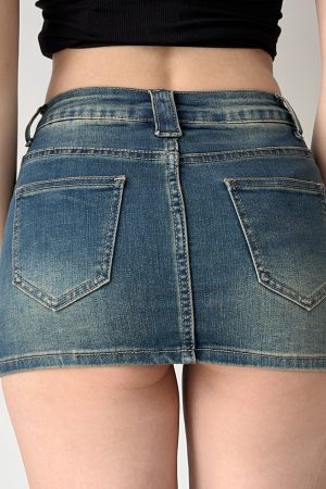 Vintage Low-Waist Denim Ultra-Short Bodycon Skirt for Women - European & American Style, Slim Fit, Anti-Exposure Design