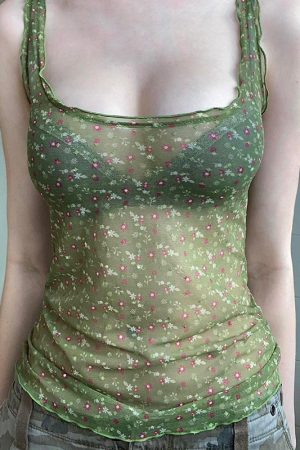 Vintage Mesh Floral Layered Slim Fit Spaghetti Strap Tank Top - Sexy Slimming Design for Y2K and 90s-Inspired Looks