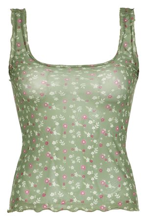Vintage Mesh Floral Layered Slim Fit Spaghetti Strap Tank Top - Sexy Slimming Design for Y2K and 90s-Inspired Looks
