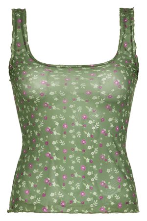 Vintage Mesh Floral Layered Slim Fit Spaghetti Strap Tank Top - Sexy Slimming Design for Y2K and 90s-Inspired Looks