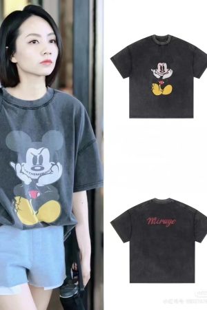 Vintage Mickey Graphic T-Shirt for Women - Retro Washed Short Sleeve Tee in Trendy Street Style