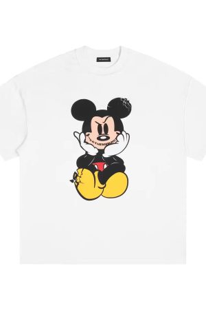Vintage Mickey Graphic T-Shirt for Women - Retro Washed Short Sleeve Tee in Trendy Street Style