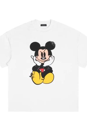 Vintage Mickey Graphic T-Shirt for Women - Retro Washed Short Sleeve Tee in Trendy Street Style
