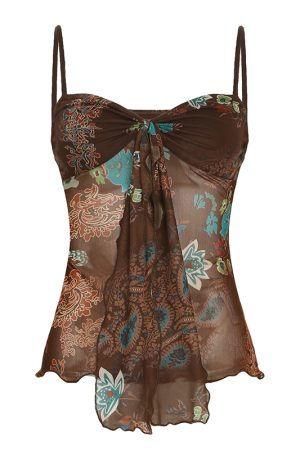 Vintage Niche Printed Sheer Fitted Camisole with Strap Design for Women - Perfect for Outerwear and 90s Y2K Style