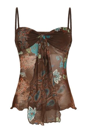 Vintage Niche Printed Sheer Fitted Camisole with Strap Design for Women - Perfect for Outerwear and 90s Y2K Style