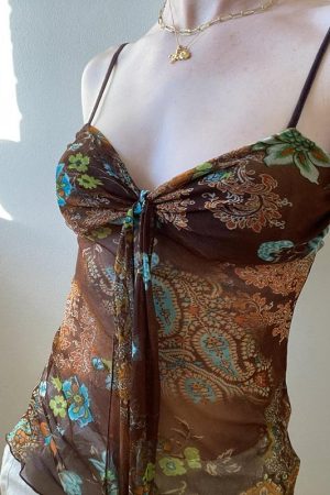 Vintage Niche Printed Sheer Fitted Camisole with Strap Design for Women - Perfect for Outerwear and 90s Y2K Style