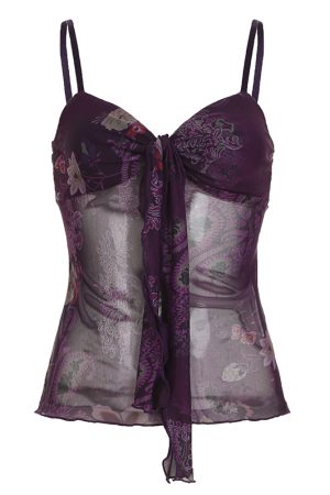 Vintage Niche Printed Sheer Fitted Camisole with Strap Design for Women - Perfect for Outerwear and 90s Y2K Style