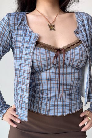 Vintage Plaid Camisole Cardigan Two-Piece Set for Women - Slim Fit Short Crop Top - Y2K Inspired Fashion