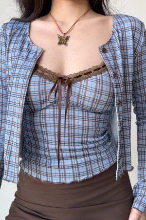 Vintage Plaid Camisole Cardigan Two-Piece Set for Women - Slim Fit Short Crop Top - Y2K Inspired Fashion