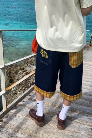 Vintage Plaid Patchwork Denim Shorts for Men and Women, Loose Casual Capris, Summer Streetwear, Retro Style
