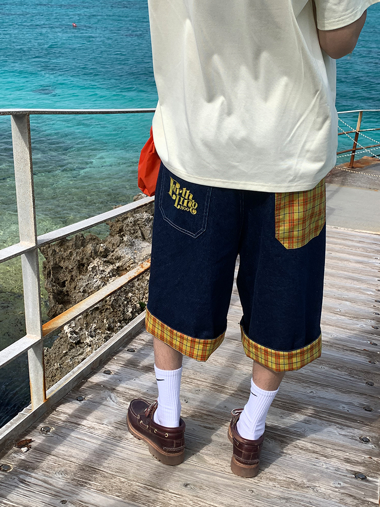 Vintage Plaid Patchwork Denim Shorts for Men and Women, Loose Casual Capris, Summer Streetwear, Retro Style Vintage Plaid Patchwork Denim Shorts for Men and Women, Loose Casual Capris, Summer Streetwear, Retro Style