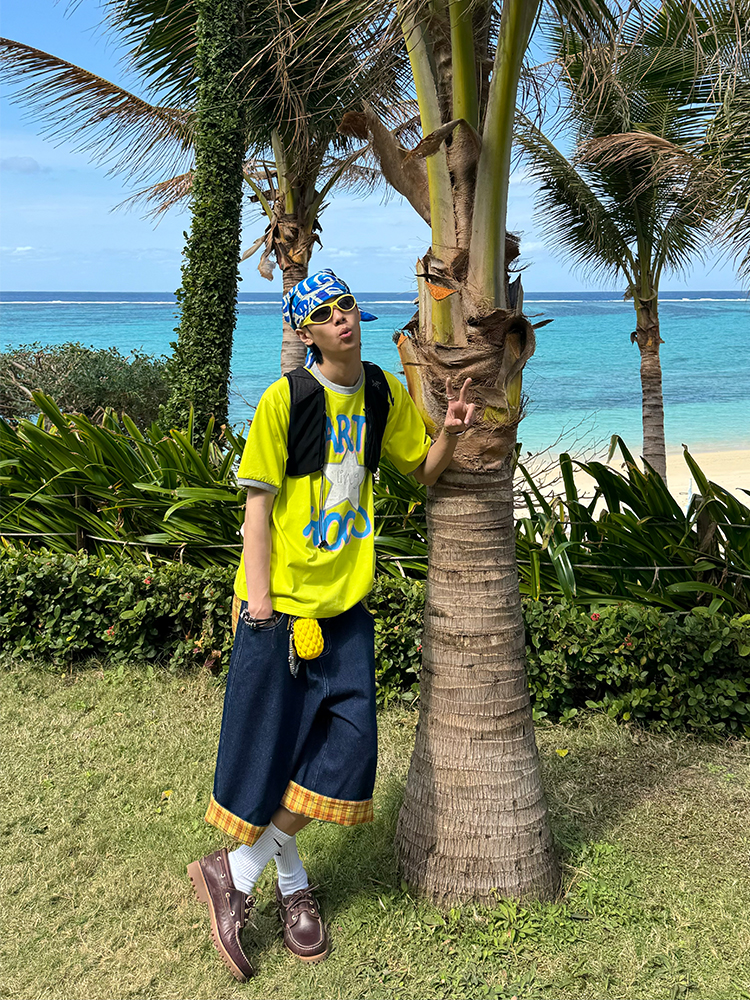 Vintage Plaid Patchwork Denim Shorts for Men and Women, Loose Casual Capris, Summer Streetwear, Retro Style Vintage Plaid Patchwork Denim Shorts for Men and Women, Loose Casual Capris, Summer Streetwear, Retro Style