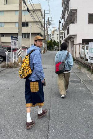 Vintage Plaid Patchwork Denim Shorts for Men and Women, Loose Casual Capris, Summer Streetwear, Retro Style