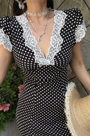 Vintage Polka Dot Dress with French Lace Trim, Slimming V-Neck, Small Flutter Sleeves, Perfect for Vacation and 90s Style