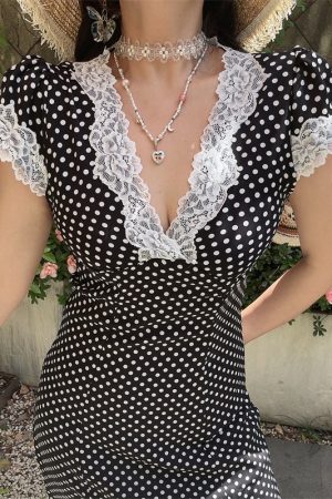 Vintage Polka Dot Dress with French Lace Trim, Slimming V-Neck, Small Flutter Sleeves, Perfect for Vacation and 90s Style