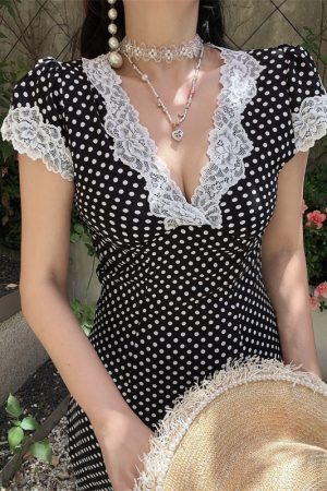 Vintage Polka Dot Dress with French Lace Trim, Slimming V-Neck, Small Flutter Sleeves, Perfect for Vacation and 90s Style