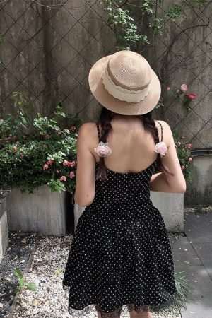 Vintage Polka Dot Lace Trim Mini Slip Dress - Handmade French Square Neck Drawstring for 2025 Spring/Summer Vacation Style
