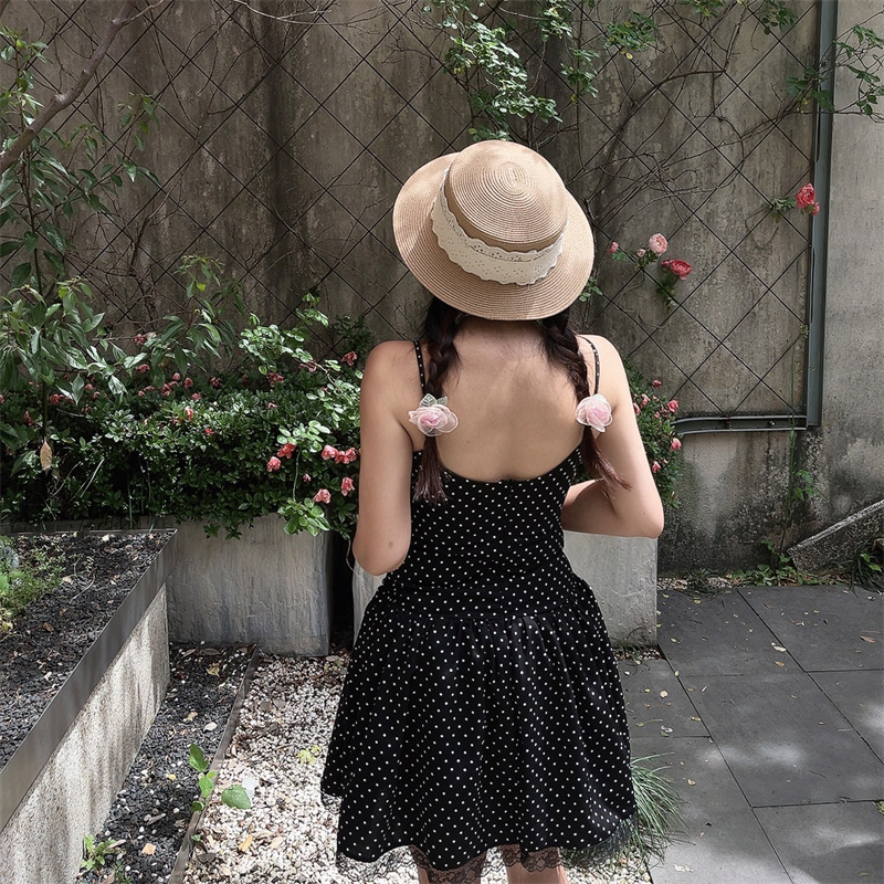 Vintage Polka Dot Lace Trim Mini Slip Dress - Handmade French Square Neck Drawstring for 2025 Spring/Summer Vacation Style Vintage Polka Dot Lace Trim Mini Slip Dress - Handmade French Square Neck Drawstring for 2025 Spring/Summer Vacation Style