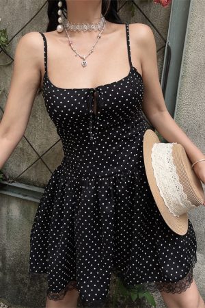 Vintage Polka Dot Lace Trim Mini Slip Dress - Handmade French Square Neck Drawstring for 2025 Spring/Summer Vacation Style
