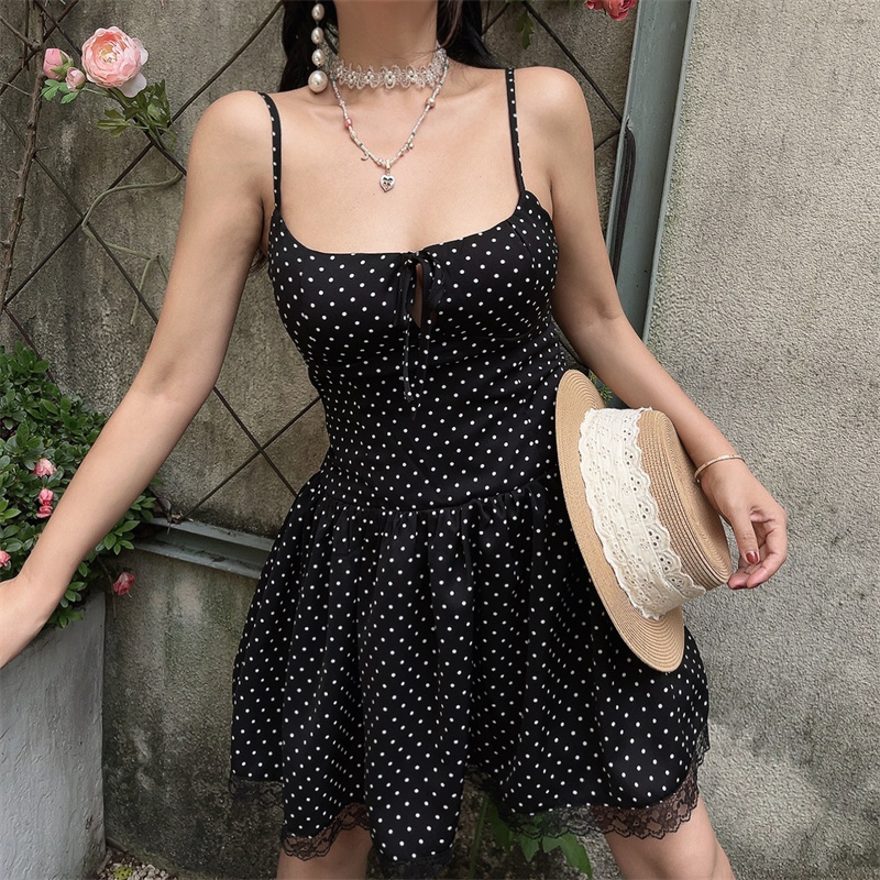 Vintage Polka Dot Lace Trim Mini Slip Dress - Handmade French Square Neck Drawstring for 2025 Spring/Summer Vacation Style Vintage Polka Dot Lace Trim Mini Slip Dress - Handmade French Square Neck Drawstring for 2025 Spring/Summer Vacation Style