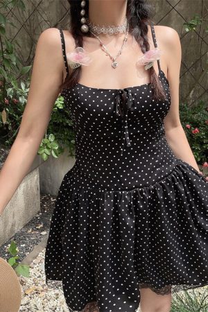 Vintage Polka Dot Lace Trim Mini Slip Dress - Handmade French Square Neck Drawstring for 2025 Spring/Summer Vacation Style