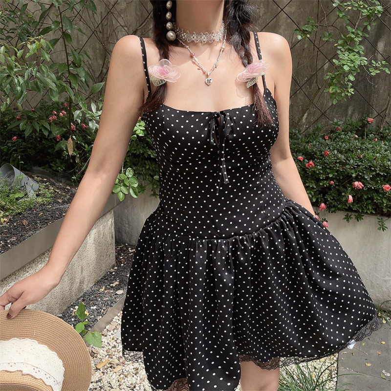 Vintage Polka Dot Lace Trim Mini Slip Dress - Handmade French Square Neck Drawstring for 2025 Spring/Summer Vacation Style Vintage Polka Dot Lace Trim Mini Slip Dress - Handmade French Square Neck Drawstring for 2025 Spring/Summer Vacation Style