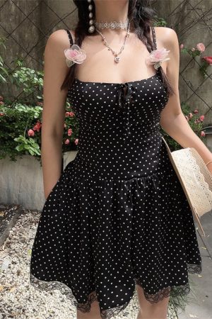 Vintage Polka Dot Lace Trim Mini Slip Dress - Handmade French Square Neck Drawstring for 2025 Spring/Summer Vacation Style