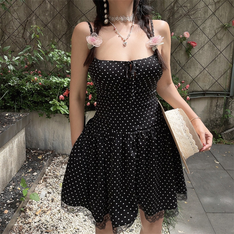 Vintage Polka Dot Lace Trim Mini Slip Dress - Handmade French Square Neck Drawstring for 2025 Spring/Summer Vacation Style Vintage Polka Dot Lace Trim Mini Slip Dress - Handmade French Square Neck Drawstring for 2025 Spring/Summer Vacation Style