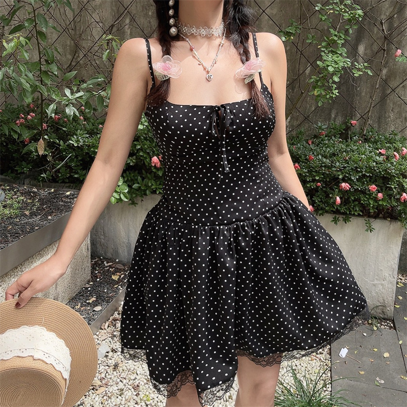 Vintage Polka Dot Lace Trim Mini Slip Dress - Handmade French Square Neck Drawstring for 2025 Spring/Summer Vacation Style Vintage Polka Dot Lace Trim Mini Slip Dress - Handmade French Square Neck Drawstring for 2025 Spring/Summer Vacation Style