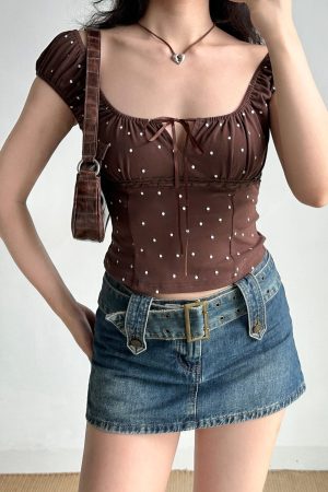 Vintage Polka Dot Lace-Up Square Neck Puff Sleeve T-Shirt for Women - Slim Fit Summer Hot Girl Style