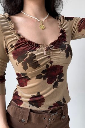 Vintage Print Velvet Ruffled T-shirt for Women - Sexy Low-Cut, Three-Quarter Sleeve, Autumn Winter Fashion Top