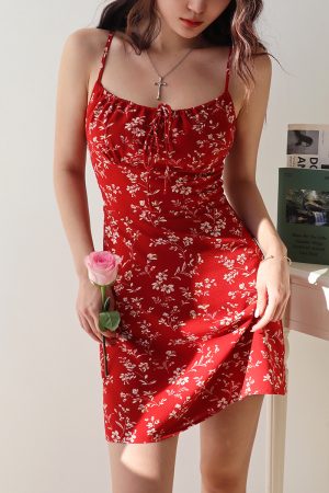 Vintage Red Floral Slip Dress for Women, Slimming Tie-Up Mini Dress, Elegant Holiday Style, Perfect for 90s and Y2K Fashion