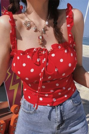 Vintage Red Polka Dot Ruffle Bow Camisole Top - 2024 Spring/Summer Vacation Style, Y2K-Inspired Fashion