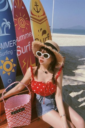 Vintage Red Polka Dot Ruffle Bow Camisole Top - 2024 Spring/Summer Vacation Style, Y2K-Inspired Fashion