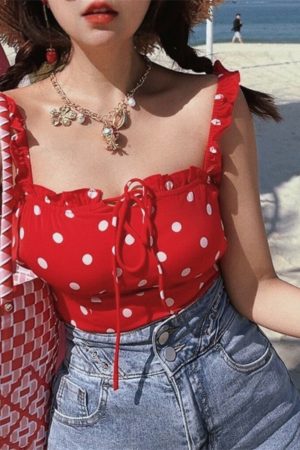 Vintage Red Polka Dot Ruffle Bow Camisole Top - 2024 Spring/Summer Vacation Style, Y2K-Inspired Fashion