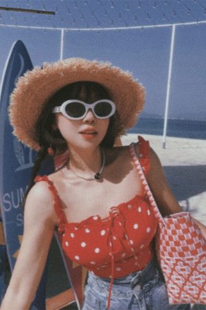 Vintage Red Polka Dot Ruffle Bow Camisole Top - 2024 Spring/Summer Vacation Style, Y2K-Inspired Fashion