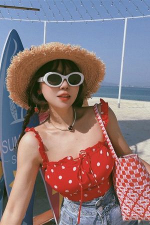 Vintage Red Polka Dot Ruffle Bow Camisole Top - 2024 Spring/Summer Vacation Style, Y2K-Inspired Fashion
