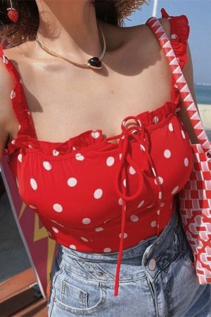 Vintage Red Polka Dot Ruffle Bow Camisole Top - 2024 Spring/Summer Vacation Style, Y2K-Inspired Fashion