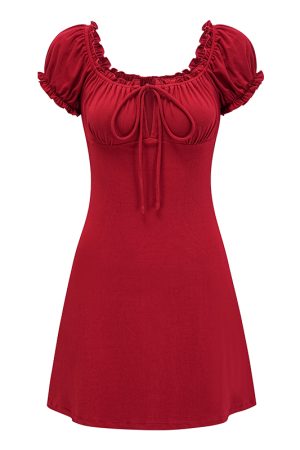 Vintage Red Square Neck Tie Dress with Puff Sleeves - Slim Fit Bodycon Mini Skirt for a Chic Y2K Look