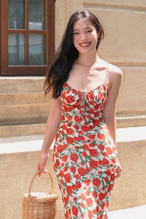 Vintage Rose Floral Print Spaghetti Strap Dress - Backless Mermaid Style, Perfect for Summer & Y2K Fashion Lovers