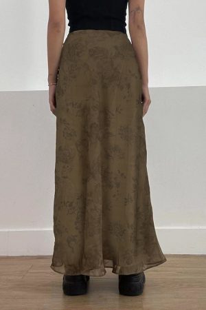 Vintage Rose Print Mesh Midi Skirt for Women, Wabi-Sabi Style, Low Waist, Draped, Retro Aesthetic, Hip-Covering, Long Straight Design