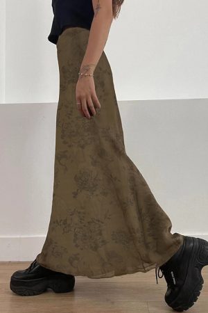 Vintage Rose Print Mesh Midi Skirt for Women, Wabi-Sabi Style, Low Waist, Draped, Retro Aesthetic, Hip-Covering, Long Straight Design