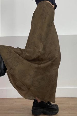 Vintage Rose Print Mesh Midi Skirt for Women, Wabi-Sabi Style, Low Waist, Draped, Retro Aesthetic, Hip-Covering, Long Straight Design