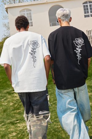 Vintage Rose Print Short Sleeve T-Shirt for Couples - Unisex American Streetwear Loose Fit 2025 Y2K Style