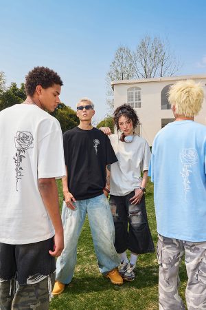 Vintage Rose Print Short Sleeve T-Shirt for Couples - Unisex American Streetwear Loose Fit 2025 Y2K Style