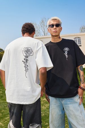 Vintage Rose Print Short Sleeve T-Shirt for Couples - Unisex American Streetwear Loose Fit 2025 Y2K Style