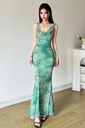 Vintage Ruffled Butterfly Print Mesh Dress with Long Skirt - Retro Style, 90s Inspired, Mint Green Mambo Design