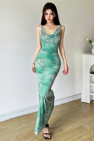 Vintage Ruffled Butterfly Print Mesh Dress with Long Skirt - Retro Style, 90s Inspired, Mint Green Mambo Design