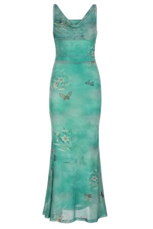Vintage Ruffled Butterfly Print Mesh Dress with Long Skirt - Retro Style, 90s Inspired, Mint Green Mambo Design