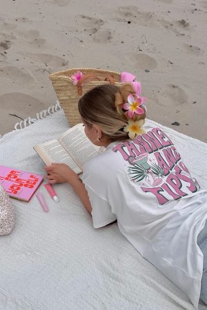 Vintage Seaside Vacation Style Printed Cotton Short Sleeve T-Shirt for Women - Oversized Trendy European American Fashion